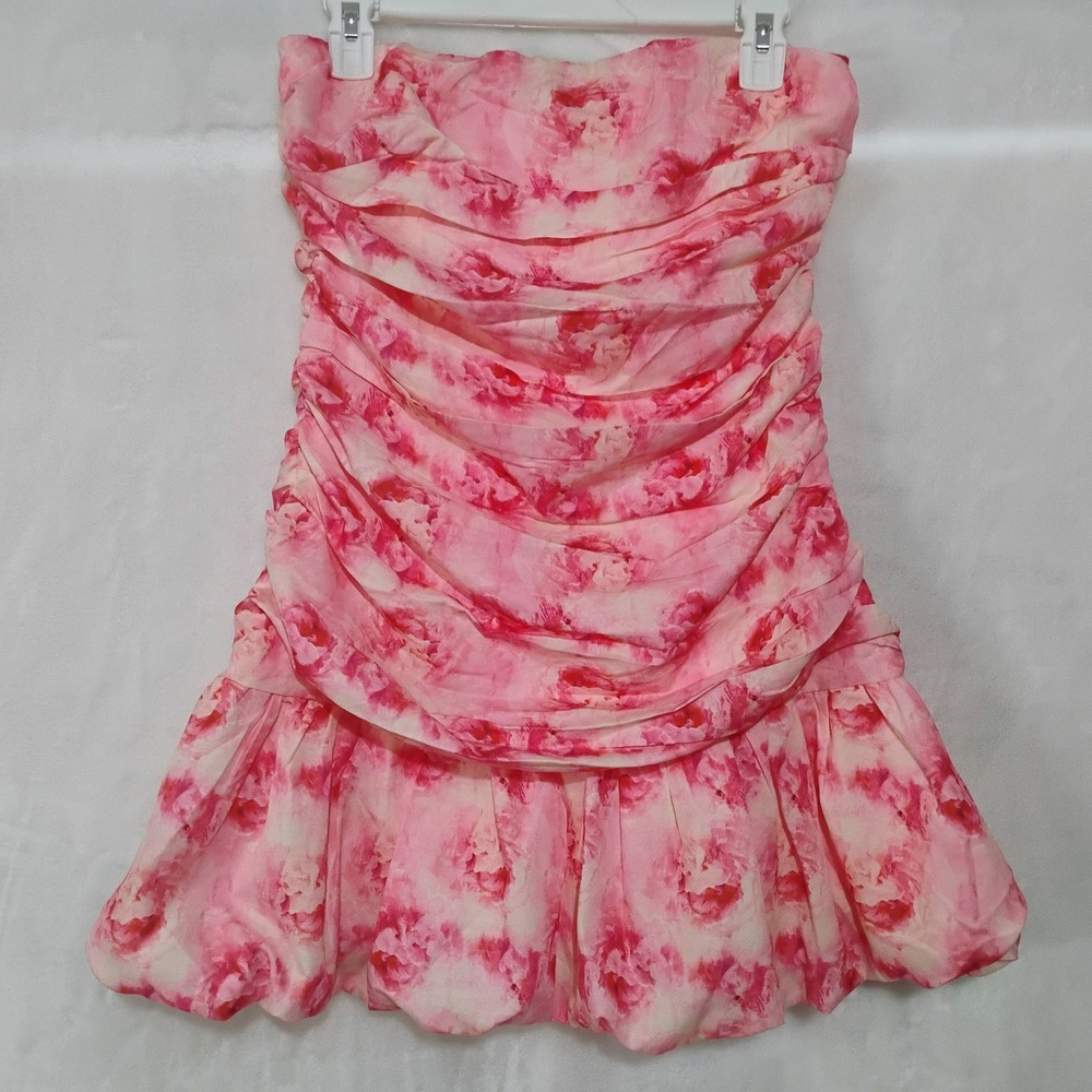 Hello Molly Sz 6 Pink Floral Ruched Strapless Bubble‎ Hem Mini Party Dress Z